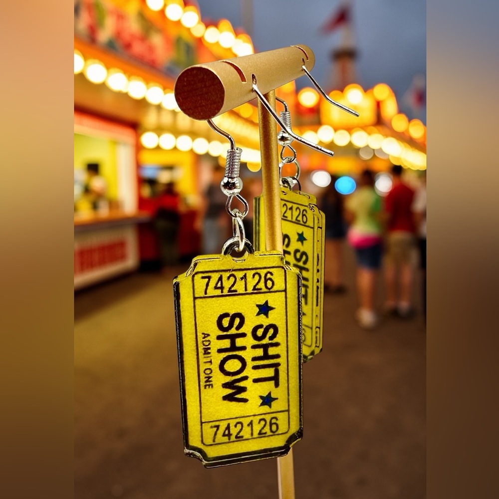 Funny Ticket Stub Earrings Shit Show Novelty Statement Jewelry Carnival Style